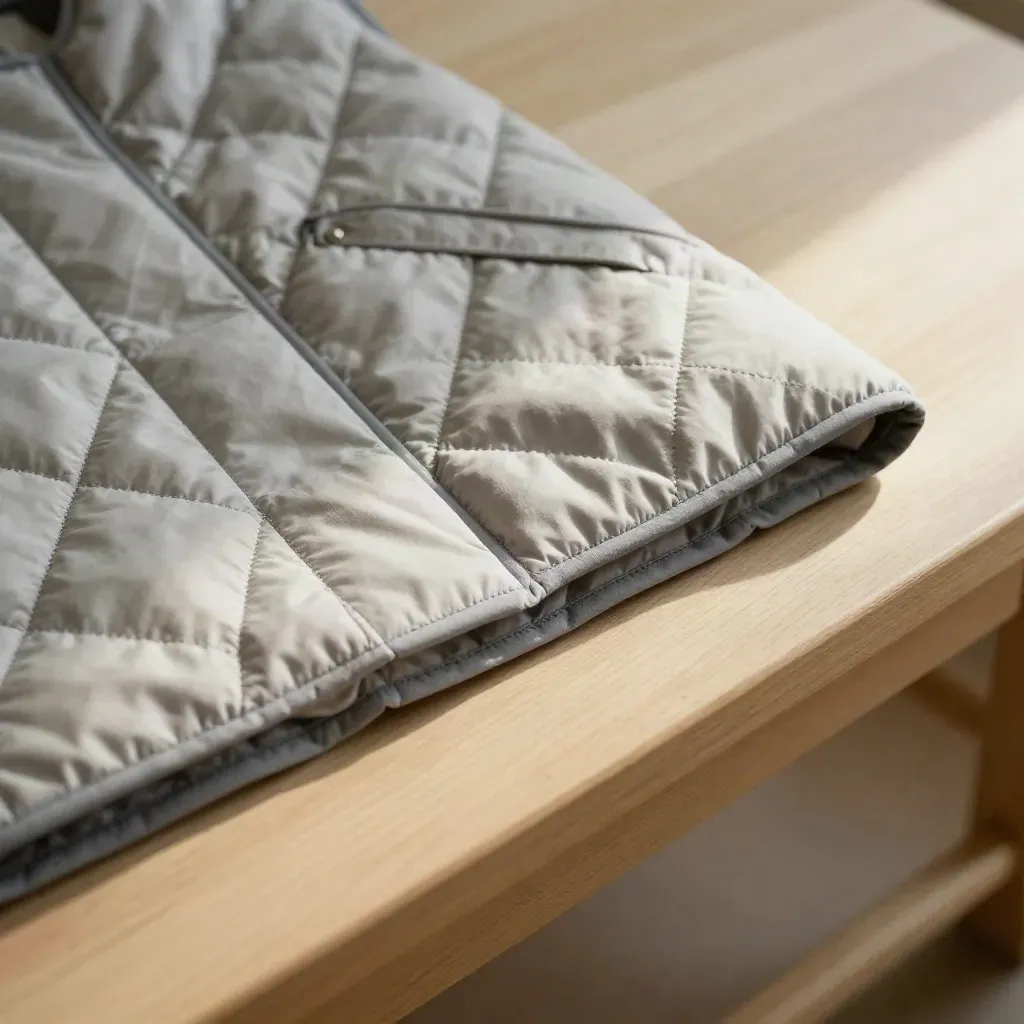 Gros plan d’une veste matelassée gris perle sur banc en bois blond, avec vapeur douce.