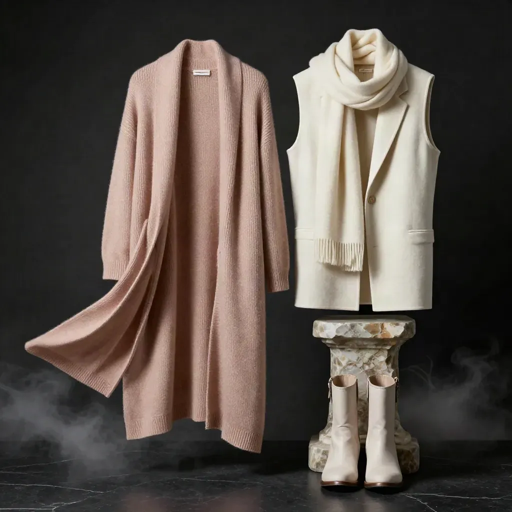 Maille de saison blush et écru sur socle minéral, lumière dramatique en studio.