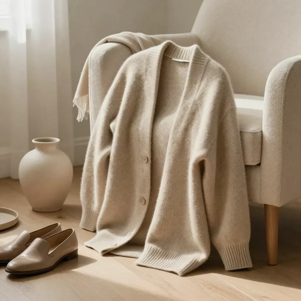 Gilet col châle beige sur fauteuil bouclé, vase en céramique et derbies