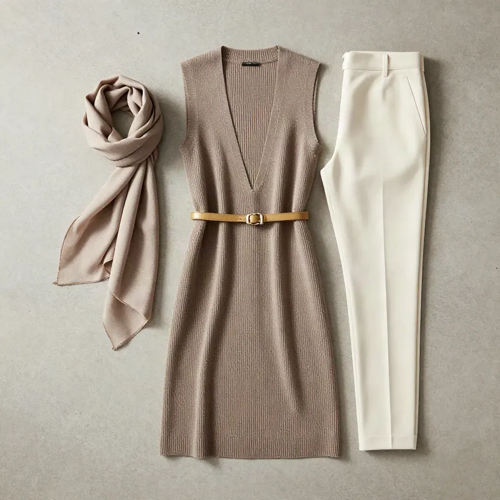 Gilet long côtelé taupe avec pantalon crème et écharpe pliée en flatlay élégant.