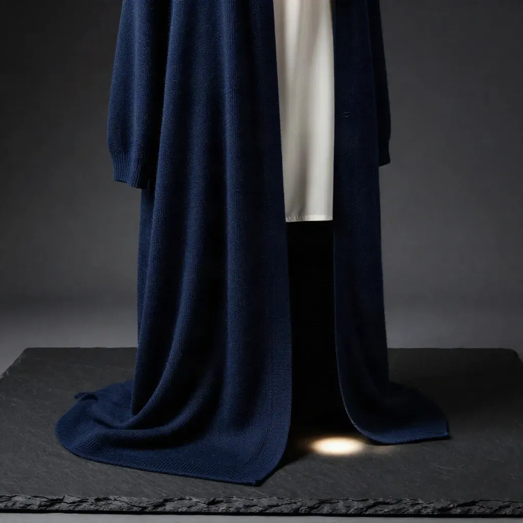 Cardigan long bleu nuit sur pierre sombre avec chemise ivoire et lumière dramatique.