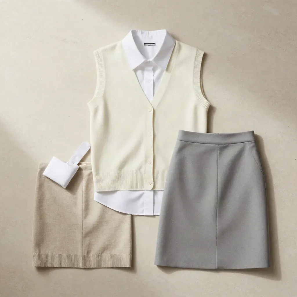 Flatlay d’un gilet écru avec chemise blanche et jupe tailleur sur pierre claire.