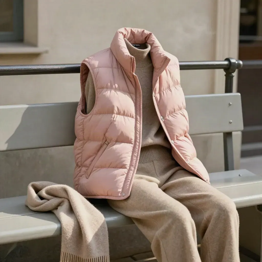 Veste matelassée rose poudré avec pantalon sable, pull fin et écharpe sur un banc clair.