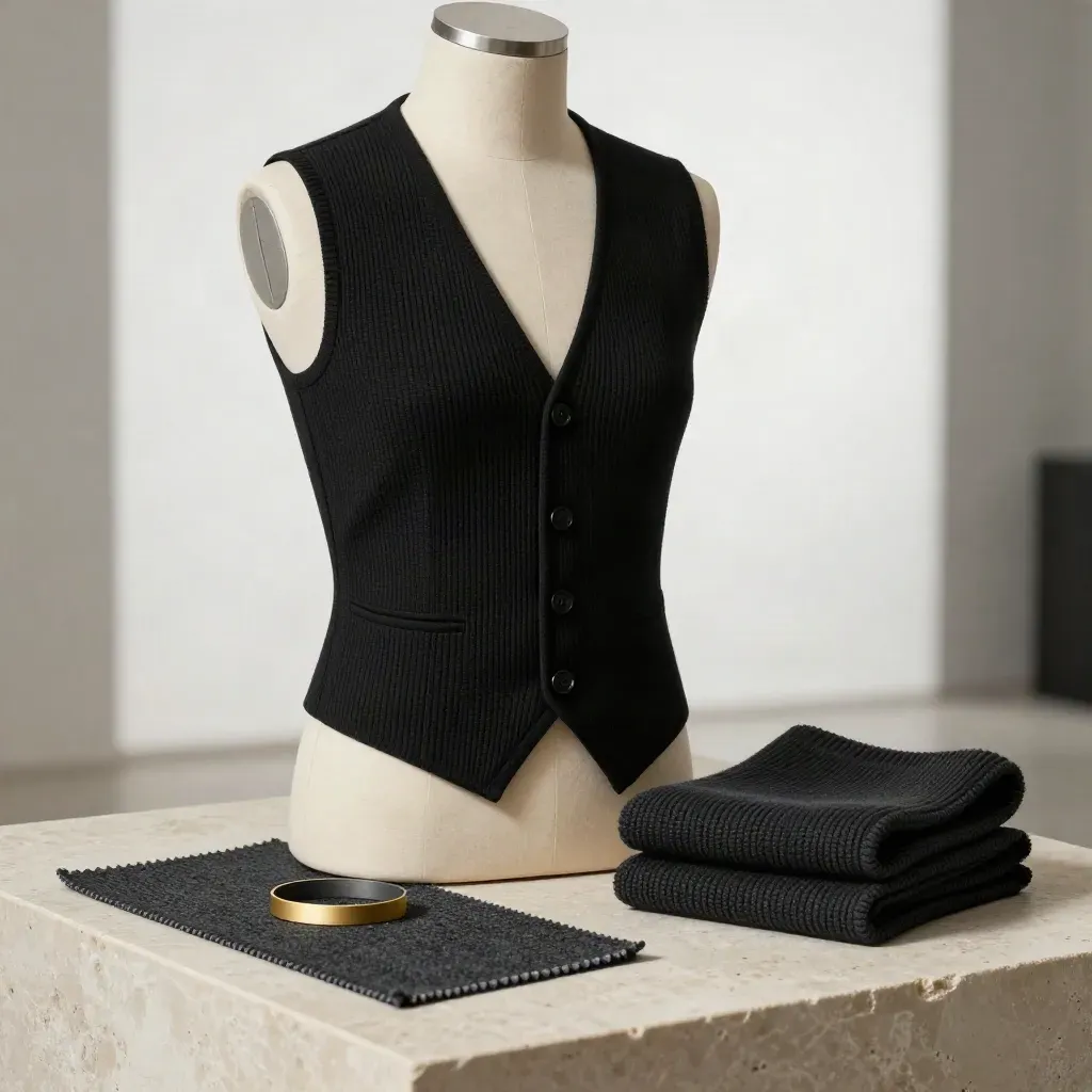 Gilet noir côtelé sur buste, fond clair et ombres douces.