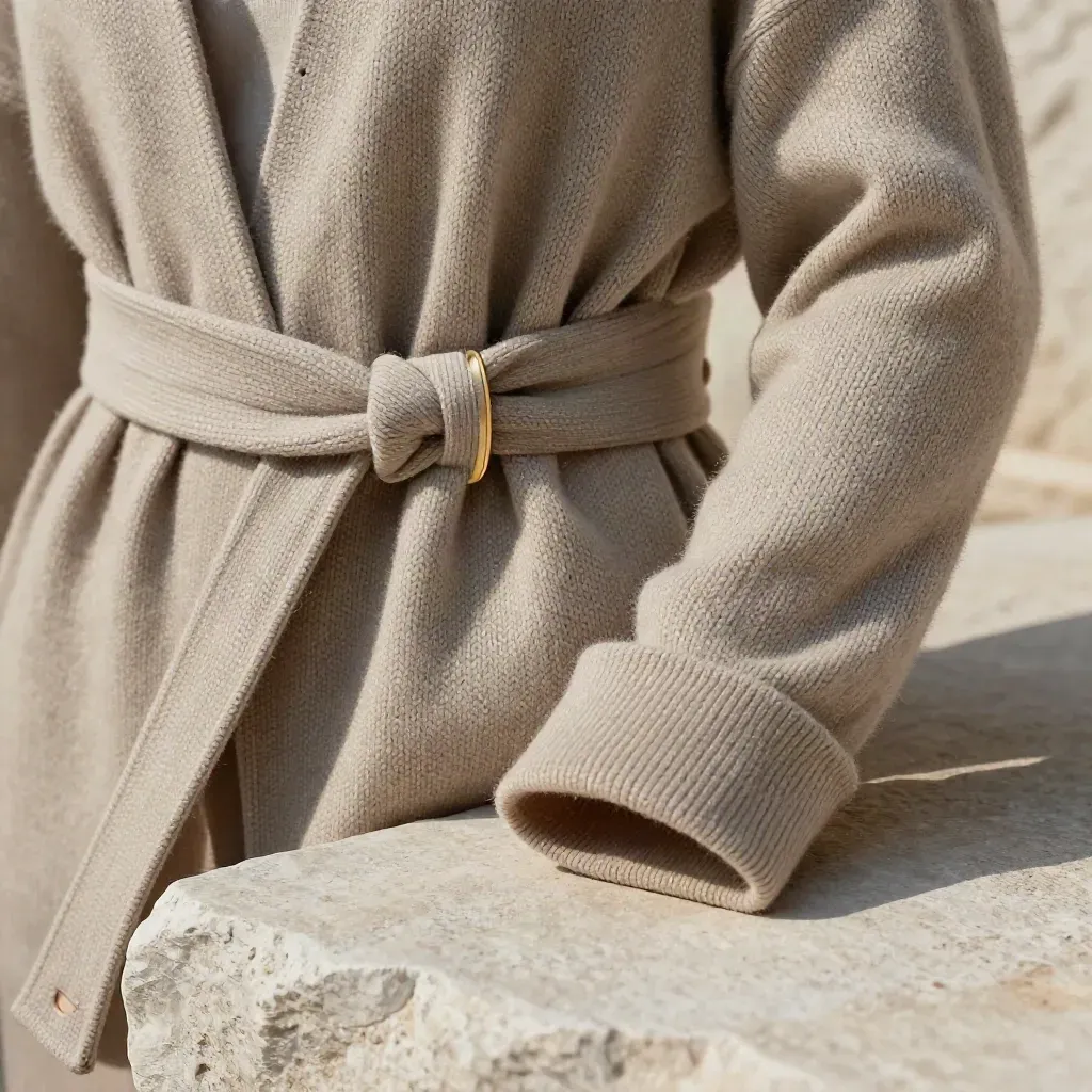 Gros plan d’un gilet beige ceinturé en maille souple sur pierre mate.
