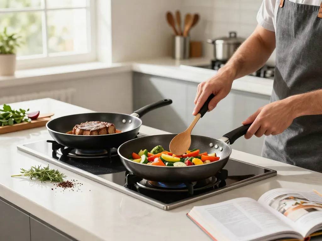 Fry pan price in bangladesh showcased in a bright modern kitchen, featuring various cooking activities and fresh ingredients.