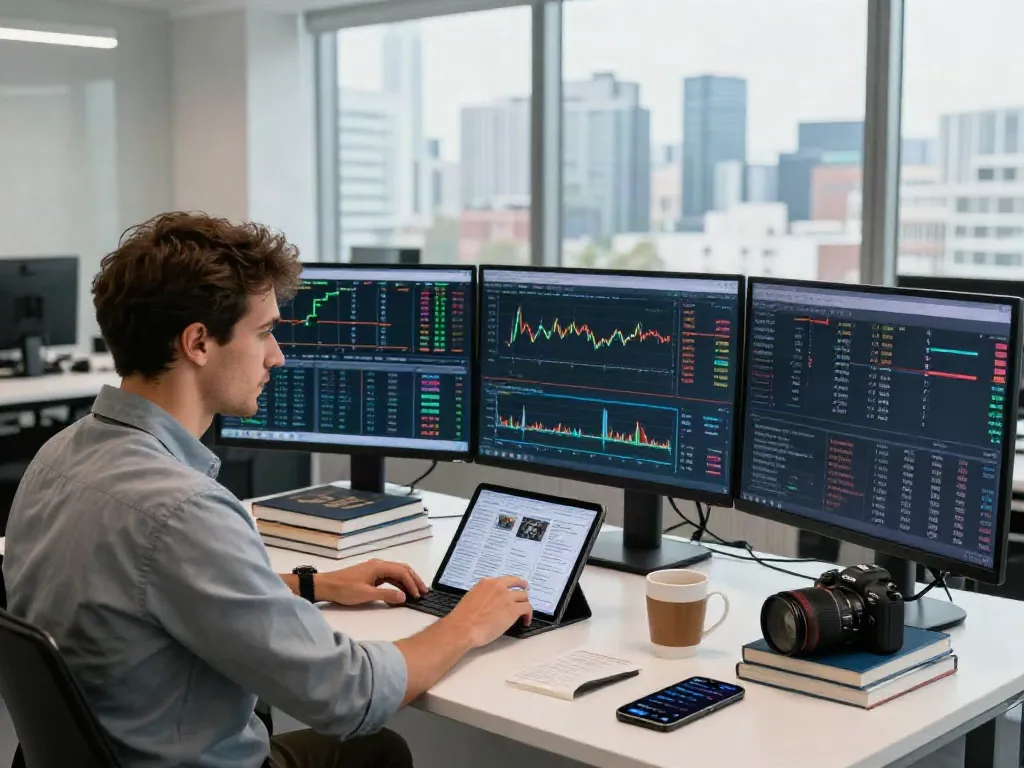 Trader analysant les signaux de la-essorinvexaro.com dans un bureau moderne avec des écrans de marché.
